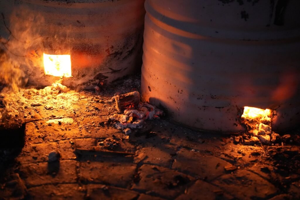 Glowing kiln during a pottery firing