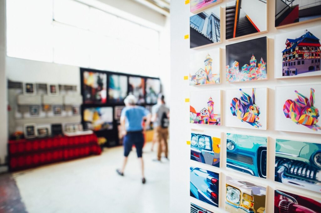 Gallery wall with framed artwork on display