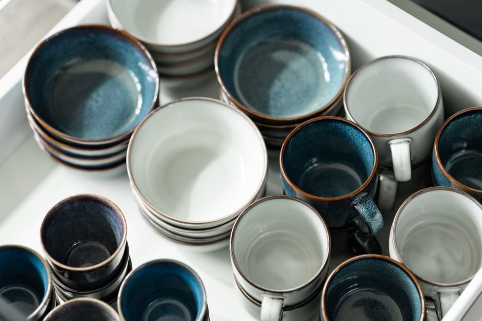 Glazed stoneware pottery bowls in earthy colours