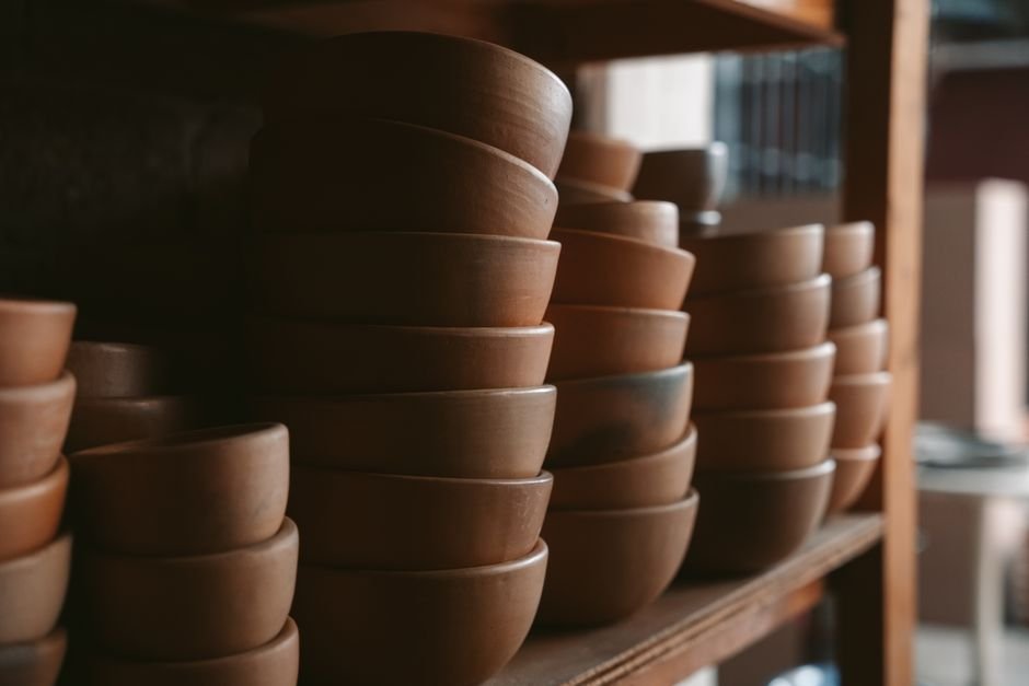 Set of matching ceramic bowls shaped using pottery forms