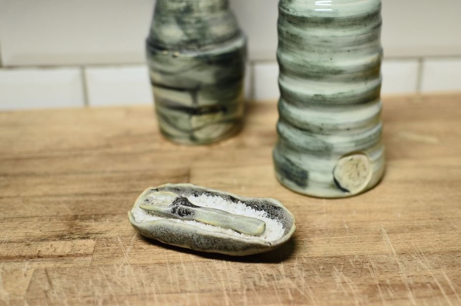 Handmade ceramic dish showing rustic salt glazed texture and finish