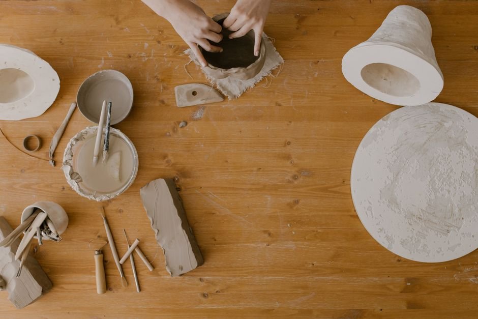 Freshly slip cast ceramic pieces drying before demolding