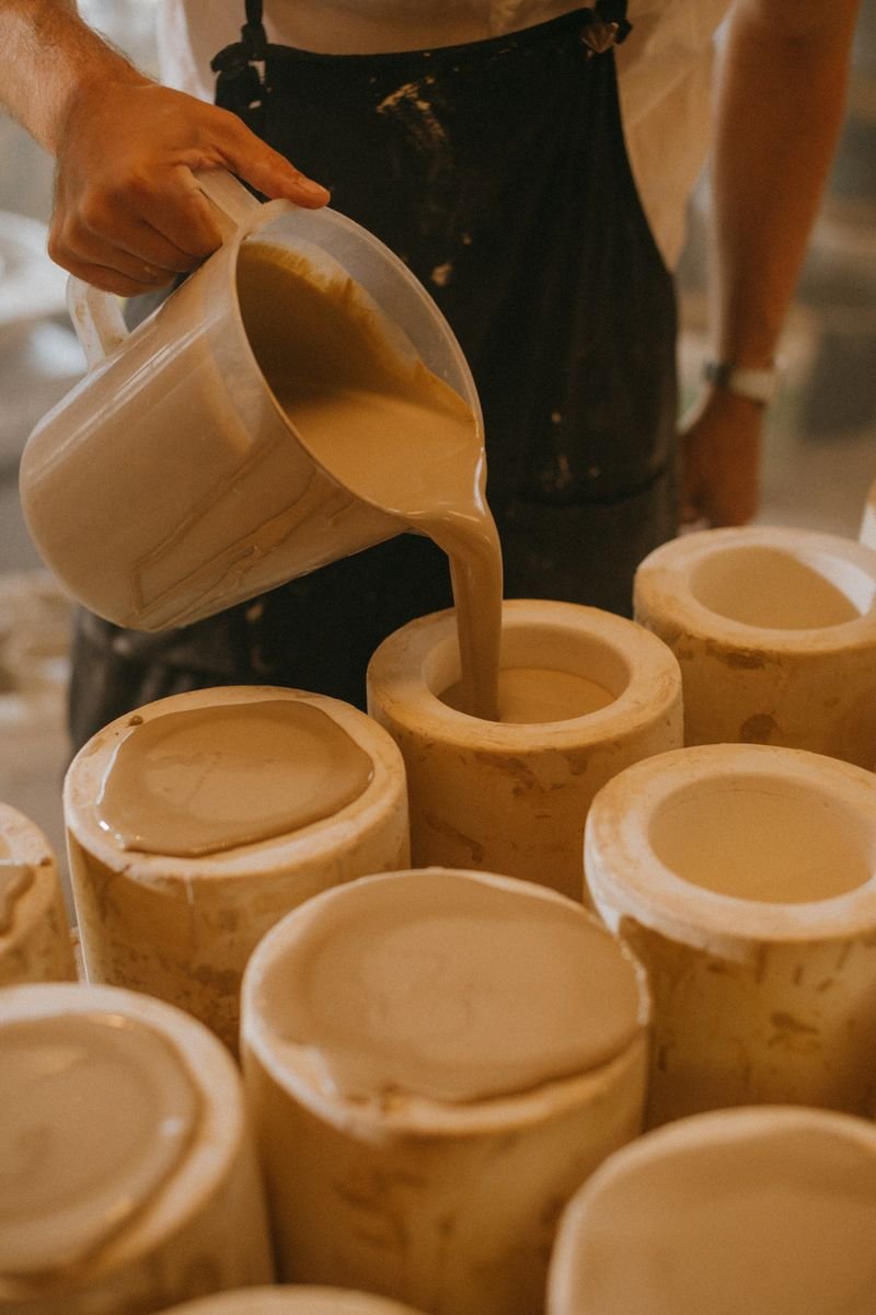 Liquid clay slip being poured into a plaster slip casting mold