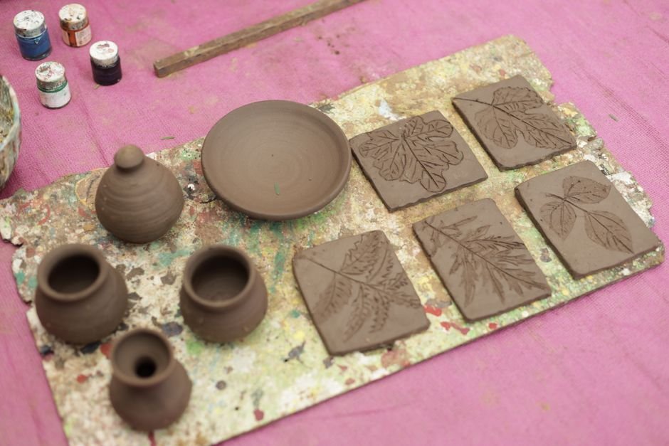 Leaf impression clay tiles and handmade pottery, one of many clay art ideas inspired by nature