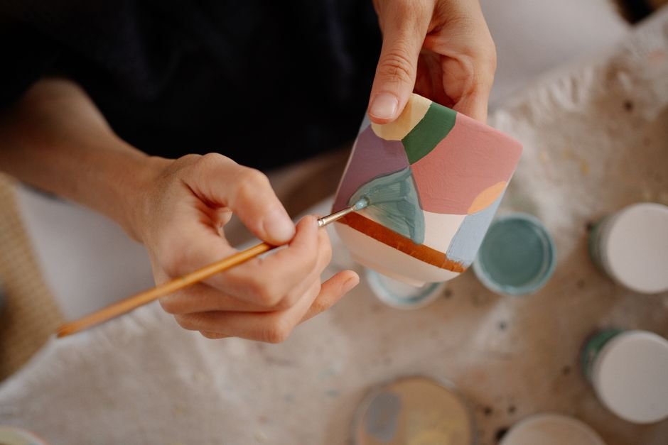 Acrylic paint colours drying on a ceramic surface
