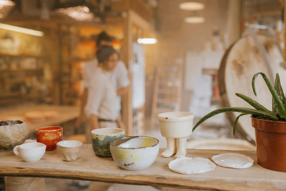 Glazed handmade pottery in a ceramics workshop, fired to the range shown by pottery cone numbers on the labels